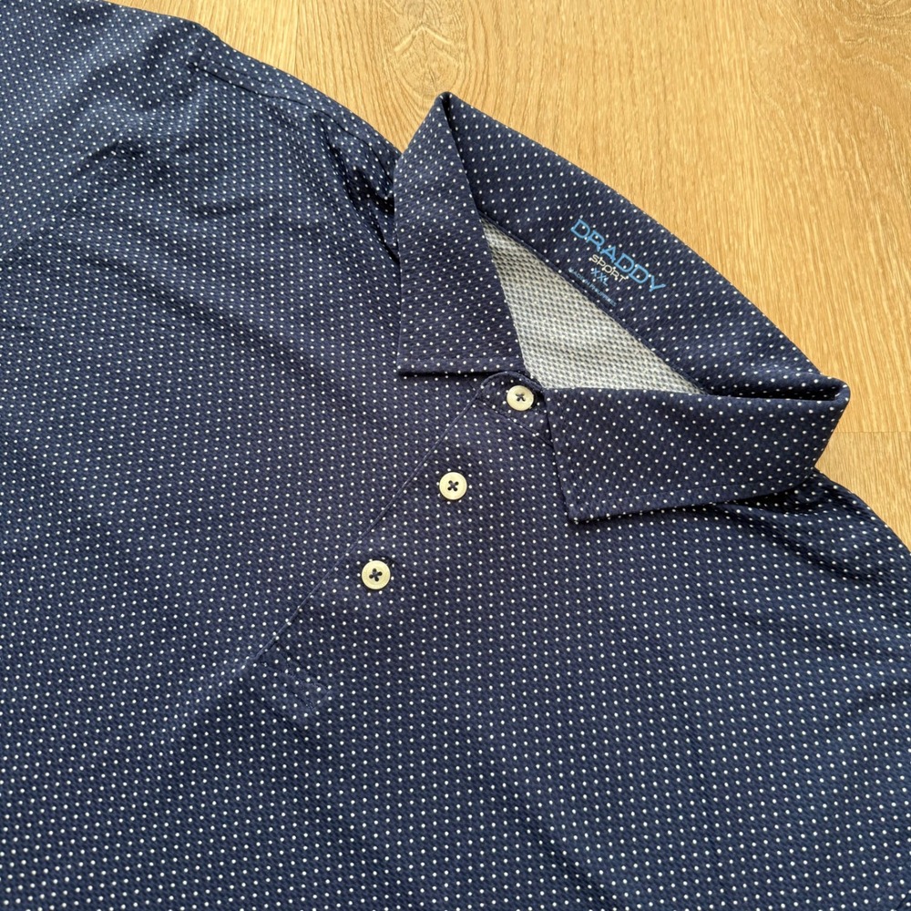 B. Draddy Sport Polo‎ Shirt Mens XXL Navy Blue Polka Dot Performance Golf Top